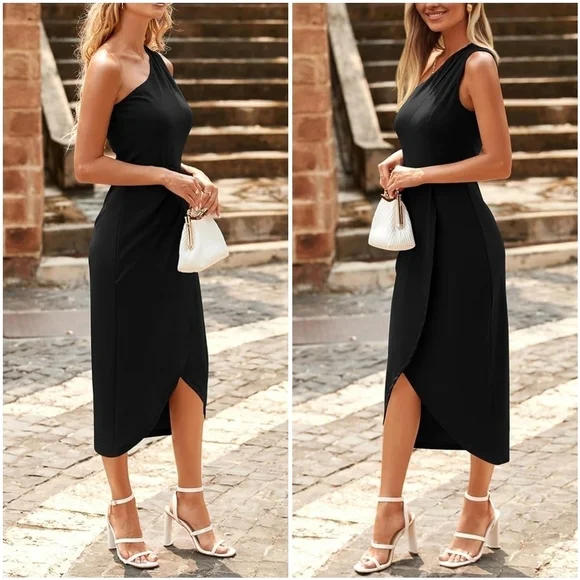 NWT Prettygarden Black One Shoulder Ruched Cocktail Formal Knee Midi Dress L - Picture 3 of 15